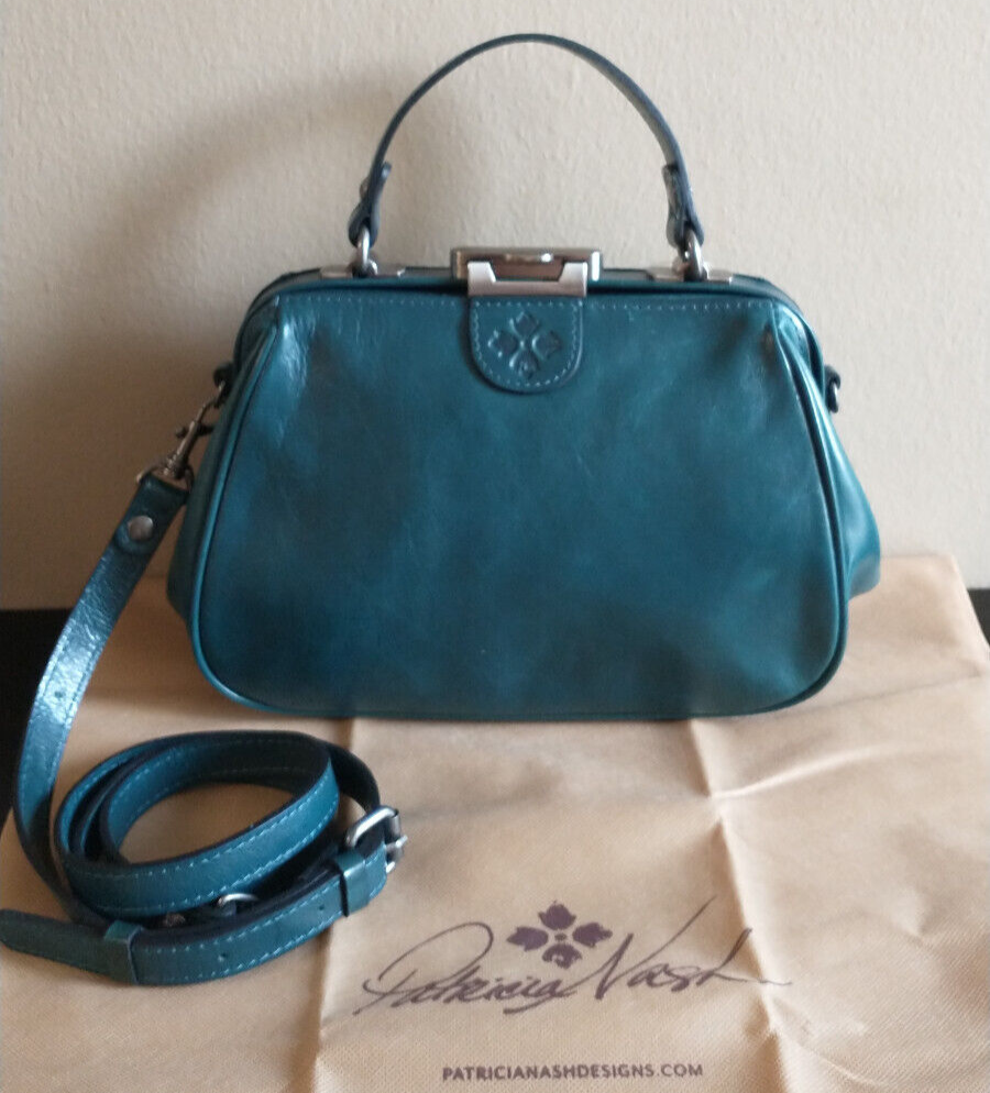 NWT Patricia Nash Gracchi Frame Leather Dark Teal Blue Satchel