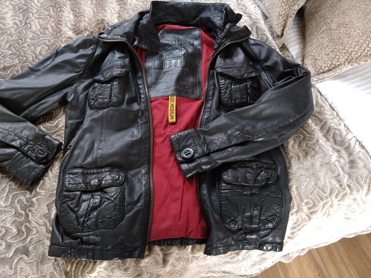 Mens SUPERDRY Brad Black Leather Jacket Vintage Distressed Biker