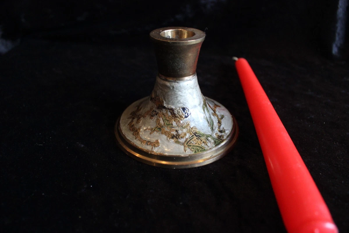 Vintage Kerzenständer mit 1 Kerze aus Messing mit Emaille