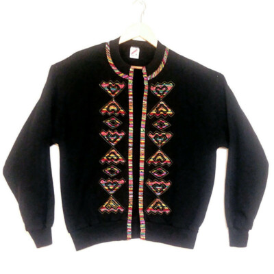Jerzees Vintage Jacket Womens Sz Large Black & Multicolor Long Sleeve Open Front