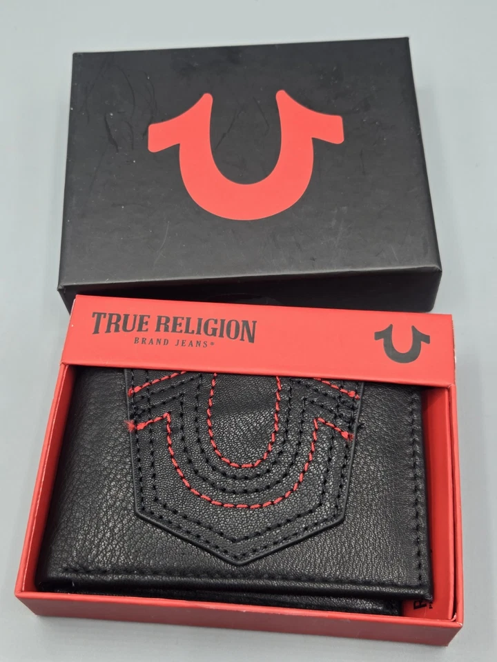 CARTERA DE HOMBRE TRUE RELIGION NEGRA DE CUERO GENUINO DOBLE PLIEGUE PROTECCIÓN BLOQUEADOR RFID  Foto 4 de 4