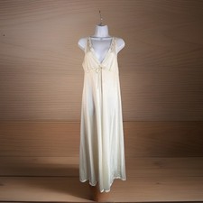 Vintage Shadowline Nightgown S Sleeveless Plunge Cream Long Full Silky Lingerie