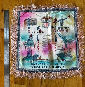 Vintage US NAVY Sweetheart Souvenir Pillow Cover W/ Fringe, Poem, Great Lakes