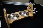 Adj Elevated Bamboo Pet Bowl Stand w/ears Double Stainless Steel bowls — photo 7