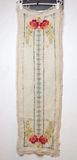 Vntg 50s Handmade Cross Stitch Table Runner Beige 37.5 x 12" Floral Art Nouveau