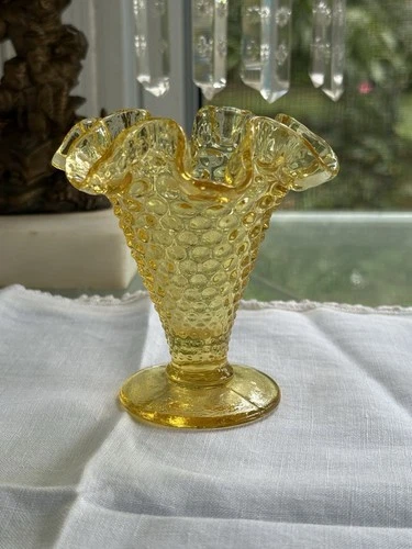 Vintage Light Yellow Ruffled Hobnail Vase Signed 3 3/4"