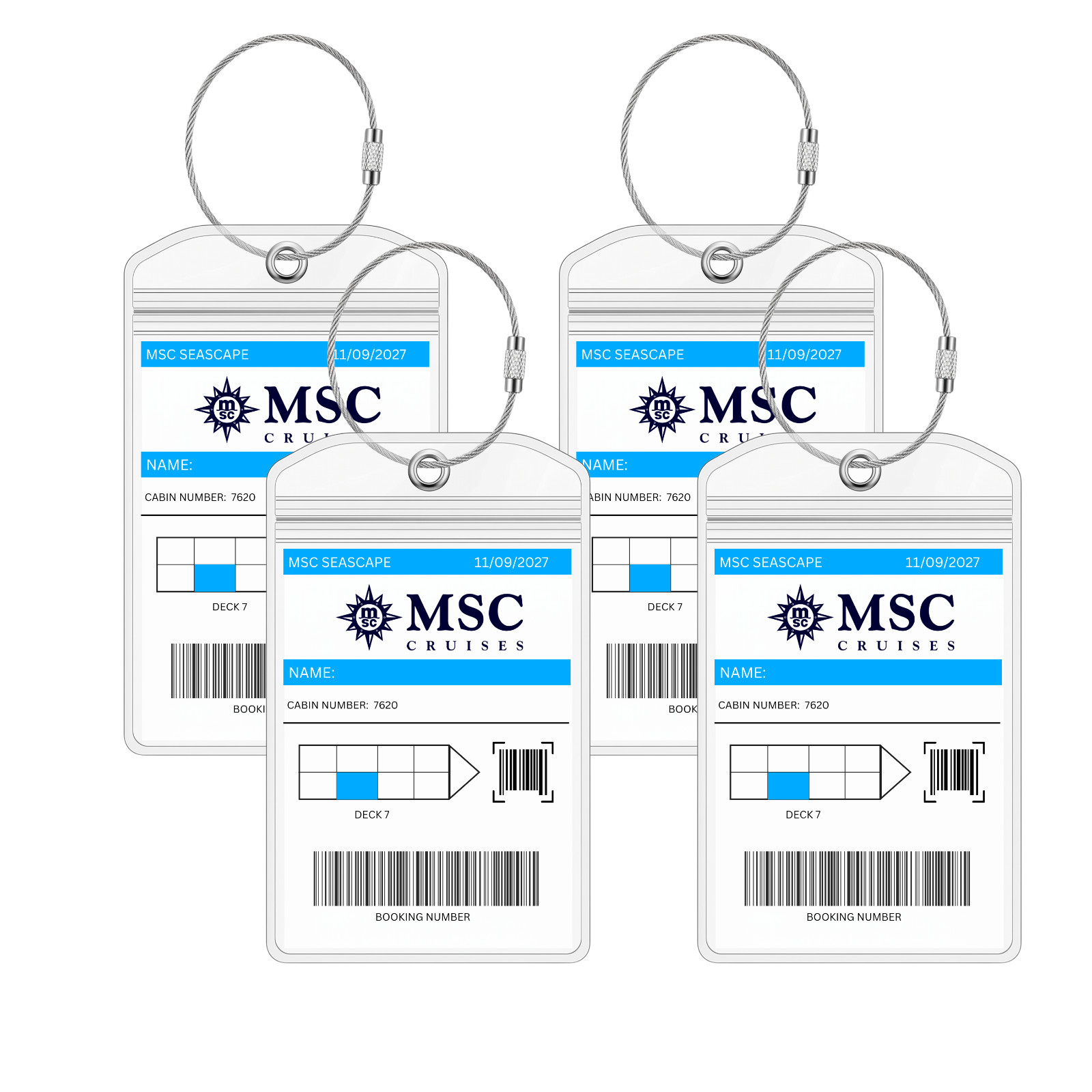 MSC Cruise Luggage Tag Holders, Waterproof, Pack of 4, Steel Loops 19*9cm