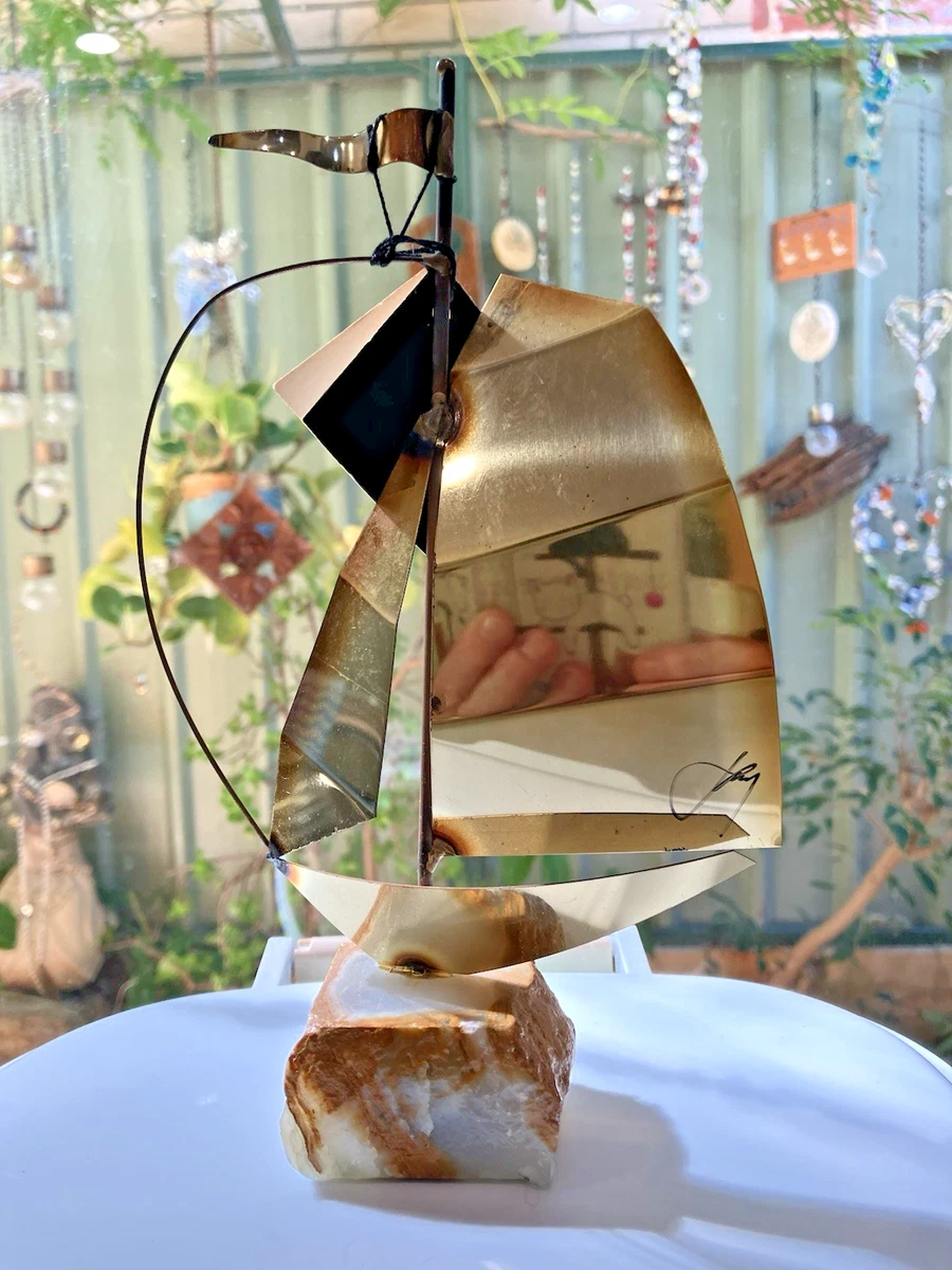 Vintage MCM Signd Mario Jason Torch Cut Brass Sailboat Sculpture Onyx Base w Tag