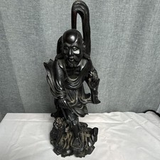 Handcarved Wood Chinese Spiritual Figure Lion Base Dark Wood Tone Decorative Art