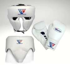 Juego de equipo de boxeo ganador guantes arnés protector de ingle blanco cuero genuino