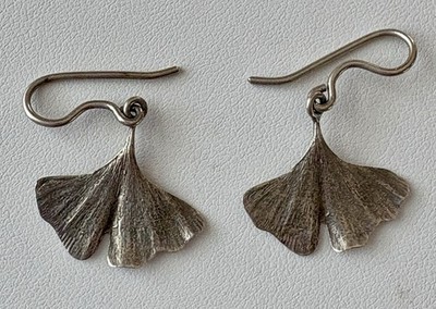 Vintage 1984 Signed Ster Silver Ginkgo Leaf Earrings Studio Artisan Botanical