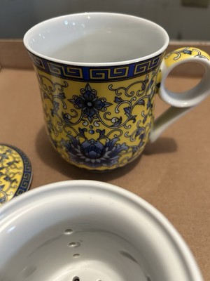 Asian Style Beautiful Yellow Floral Ceramic Tea  Mug Three Piece Set