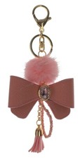 Pink Bow with Tassel and Fur Puff Key Chain Fob Phone Purse Charm Gold Toned