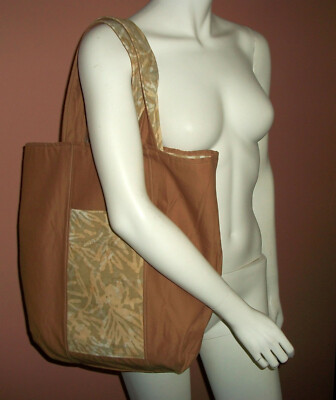 Batik Reversible TOTE Tan Gray Nat Cotton Shopper Book Bag Handbag Boho Market