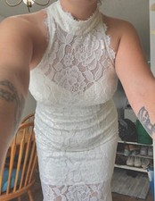 Betsy & Adam Wedding Dress- Size 14-Halter Neck-Open Back-Lace Detail