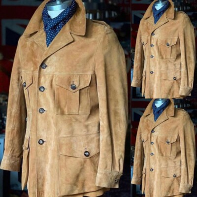 Khaki Suede Men Hunting Jackets Four Pockets Spring Leisure Casual Outdoor Wear