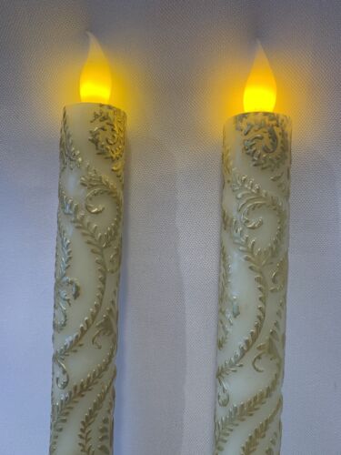 Pair of PIER 1 White Gold Filagree Flameless Flickering LED Taper Candles 10.75” - Bild 1 von 9