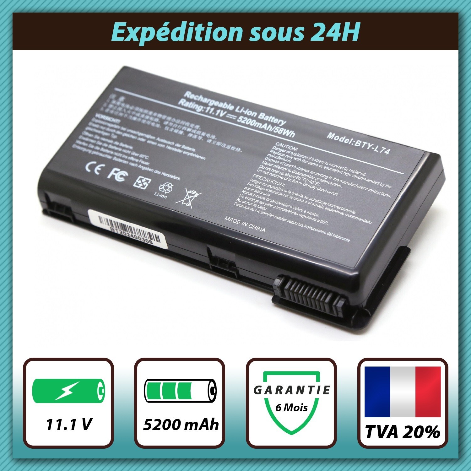 Batterie BTY-L74 compatible ordinateur portable MSI MS-1681 11.1V 5200mAh