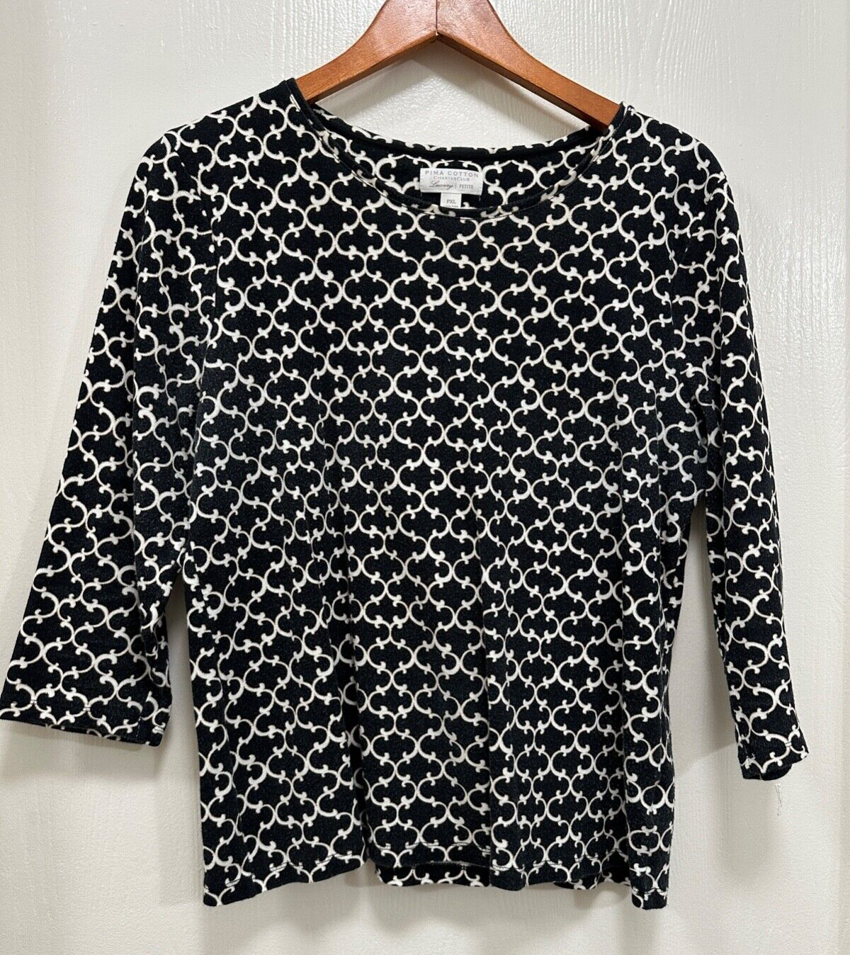 Charter Club Luxury Petite Black Pima Cotton 3/4 sleeve Women Top size PXL