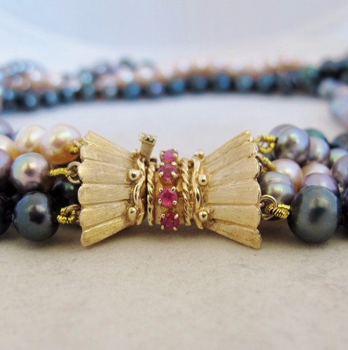 Five Strand 16" Multi-Color Pearl Necklace with Big 14K Yellow Gold & Ruby Clasp - Picture 4 of 12