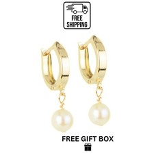 14k Yellow Gold Freshwater Pearl Huggie Dangle Earrings