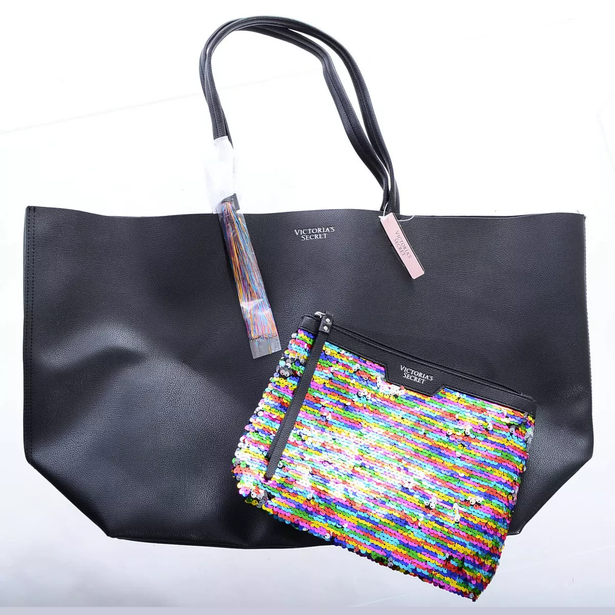 Victoria's Secret Tote Bag 2 Piece Set Black With Silver Sequins