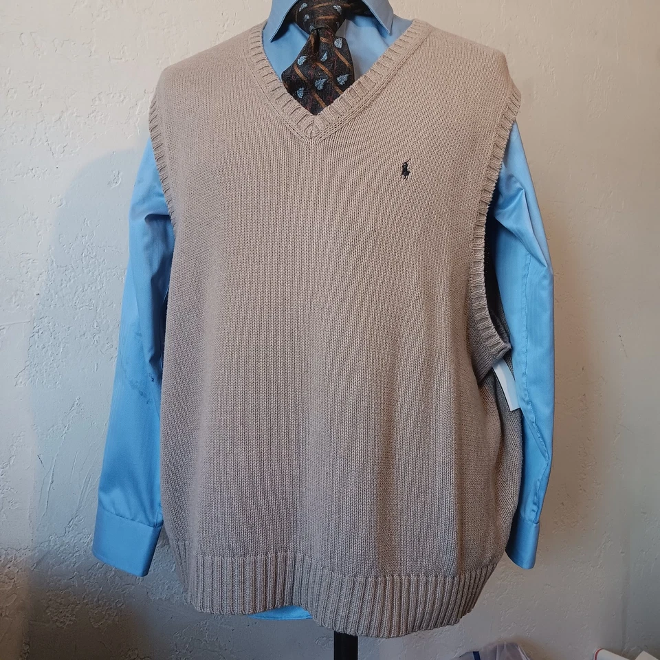 Polo Ralph Lauren Tan V-Neck Sleeveless Knit Sweater Vest 100% Cotton 3x - Image 2 of 4