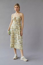 UO Nicolette Smocked Buttermilk & Blue Floral Midi Dress Urban Outfitters New M