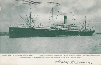 #ad 1906 SS Minnesota Steamship Seattle Oriental Liners RPPC Postcard Posted $3.98