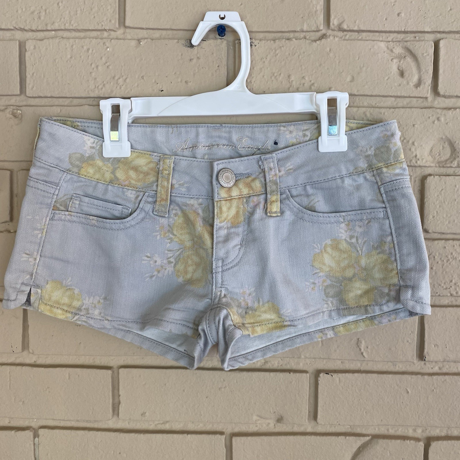 American Eagle Micro Mini Jean Shorts Floral Vintage Y2K Low Rise Size 00 Boho