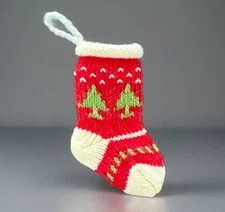 Mini Christmas Stocking Ornament Wool Red Ivory Christmas Trees 4”
