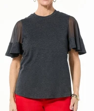 DG2 Diane Gilman Sheer Flutter Sleeve Cotton Blend Knit Tee Top - Black - XL