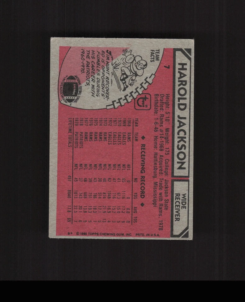 1980 Topps #7 Harold Jackson Football Card New England Patriots - Image 2 of 2