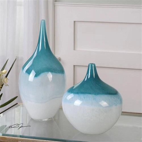Uttermost Carlas Contemporary Glass Vases in Teal Blue/White (Set of 2) - Picture 1 of 3