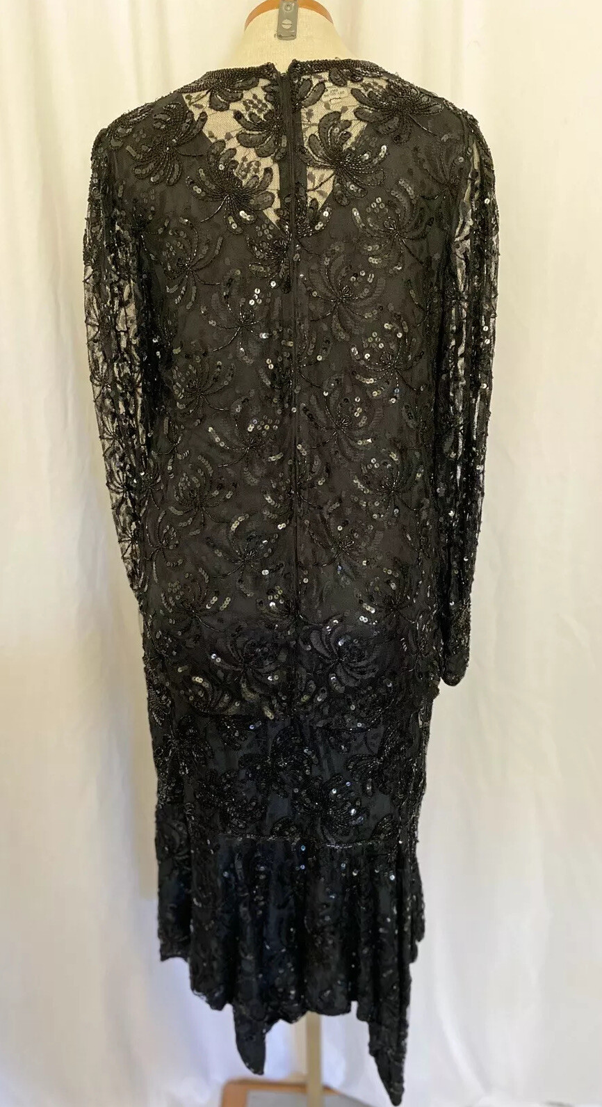 Judith Ann Creation Black Beaded Sequin Flapper Gown Dress Asymmetric Hem Small