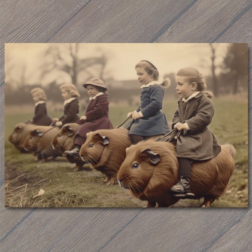 CARTE POSTALE cochon d'Inde enfants chevauchant vieille école ambiance étrange étrange drôle géant de course - Photo 1 sur 1