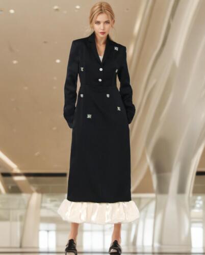Women's Black Full Long Maxi Windbreaker Coat Button Long Blazer Dress Fashion - Picture 1 of 4