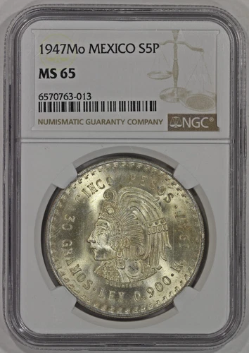 1947 Mo Mexico Silver 5 Pesos Coin NGC MS65 Cuauhtemoc