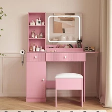 Vanity Desk w/ Mirror Lights Power Outlet Makeup Vanity Set Table w/Drawer Pink