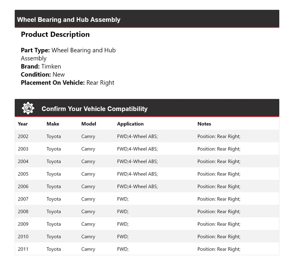 Conjunto de cojinete de rueda y buje trasero derecho Timken para Toyota Camry 2002-2011 tracción delantera Foto 2 de 4