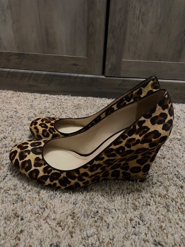 Tory Burch Astoria Wedge Heels Women Size 11 M Leopard Print Calf Hair Leather