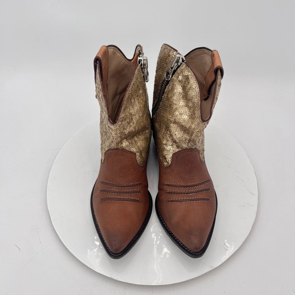 Bota Baldan Mujer Talla EU 36 US 5.5 Cuero Marrón Lentejuelas Punta Pull On Foto 3 de 4