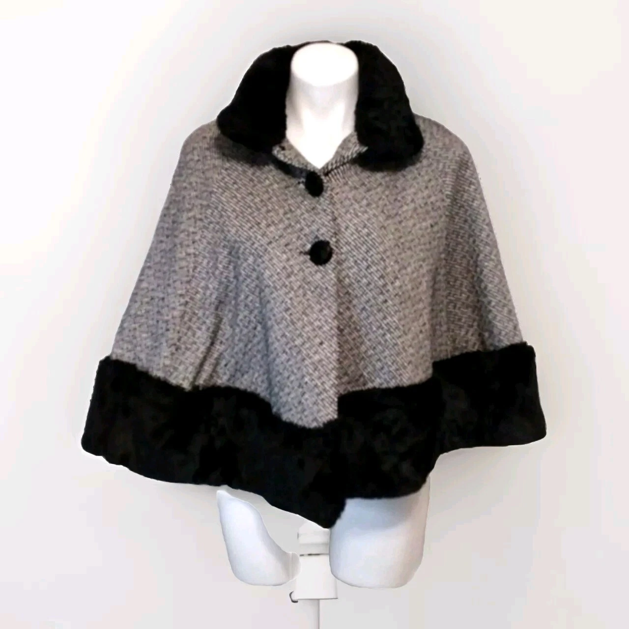 Muffeze Faux Fur Trim Cape Poncho Wool Blend Coat Medium Statement Outerwear