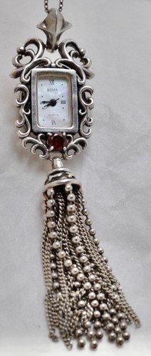 Nachlass Boma Sterlingsilber Anhängeruhr MOP mit Granatquaste Ende 36"" Kette