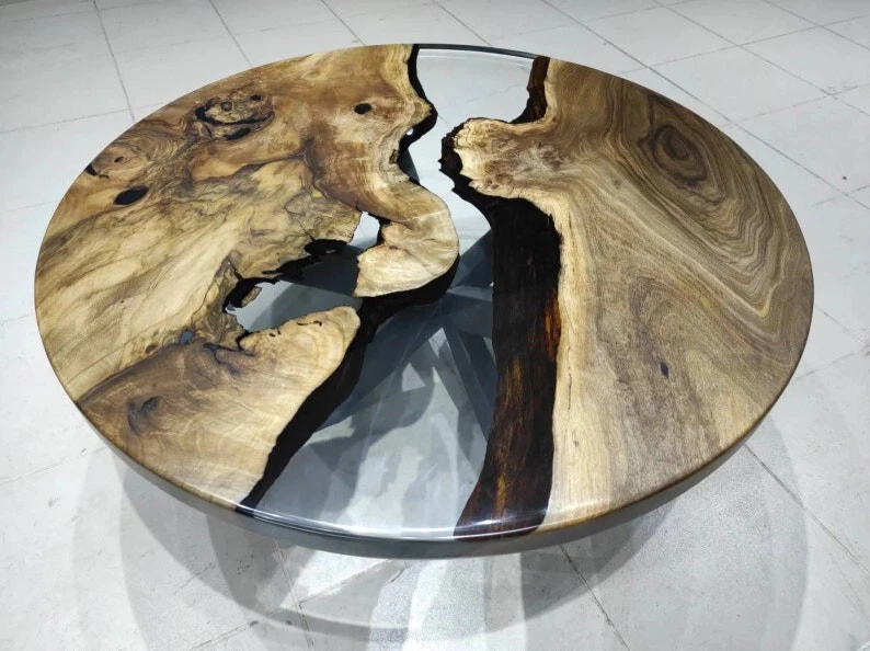 Natural Olive Wood Epoxy Resin Live Edge Epoxy Coffee Table, Round Transparent - Image 4 of 4