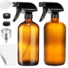 2 Pack Glass Spray Bottles 16 oz Trigger Empty Refillable with Funnel cap Labels