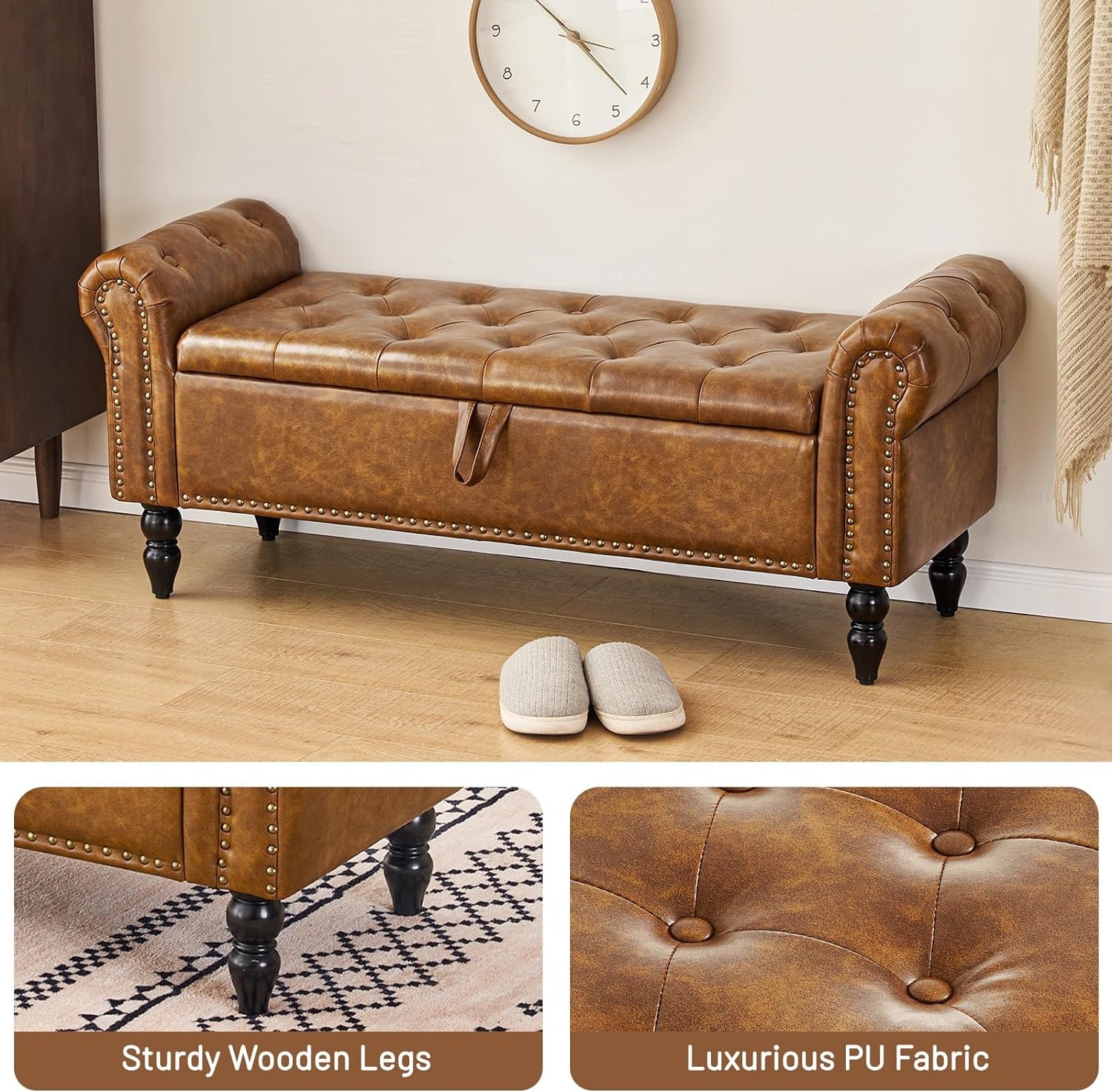Furniliving Storage Ottoman Bench, Leather Benches End of Bed Bench with Solid W