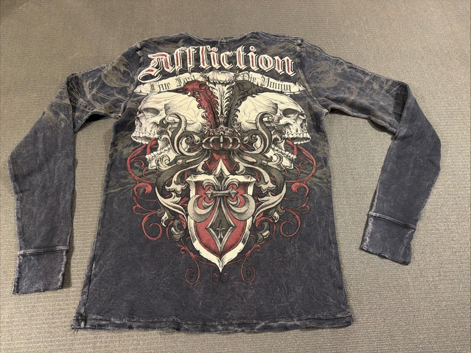 Vintage Rare Affliction Muscle Thermal Shirt Gray Red Dual Skulls Gothic Large