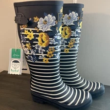 Joules Right As Rain Wellies Size 7 US Tall Garden Boots - Navy Stripe Floral