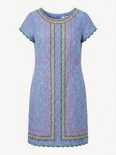 NWT Boden Laura Embroidered Linen Dress Blue Scalloped Rick Rack w/ Pockets 10L